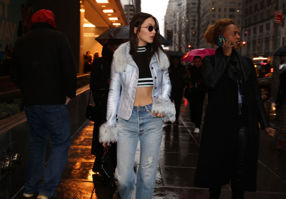 Bella Hadid in Versace top and Sies Marjan jacket